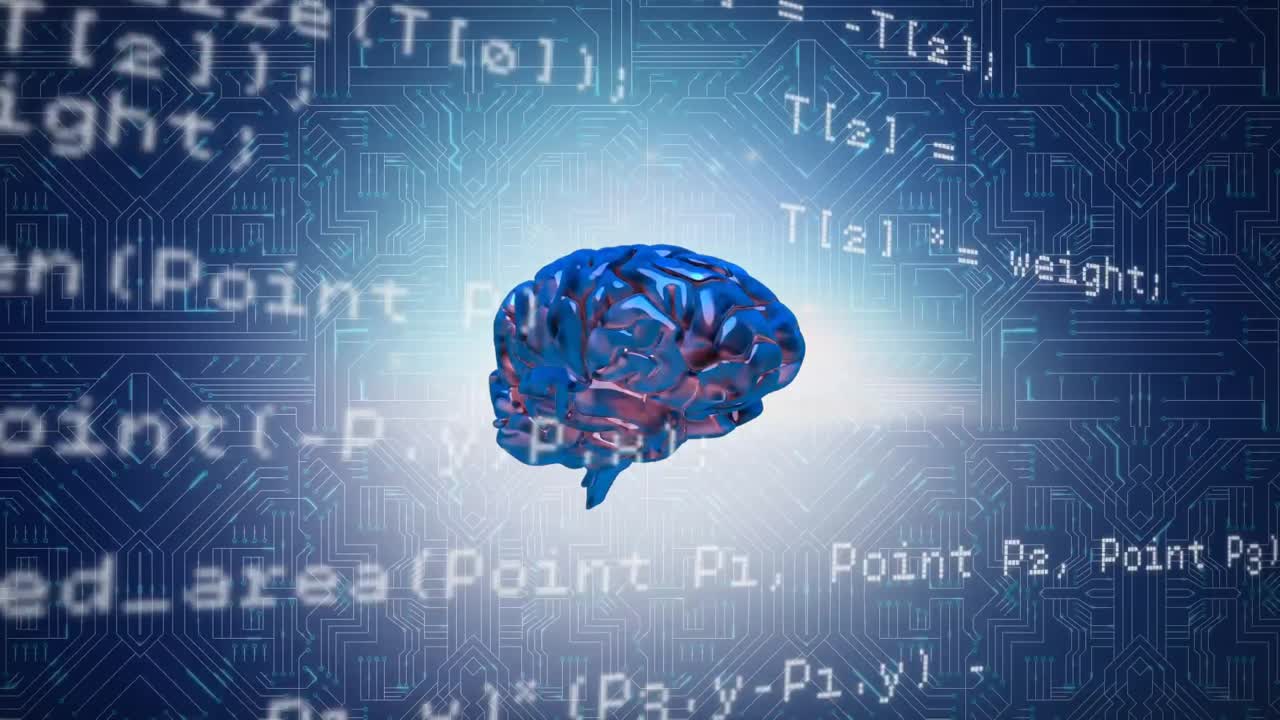 Glowing brain, scrolling data and computer circuit board