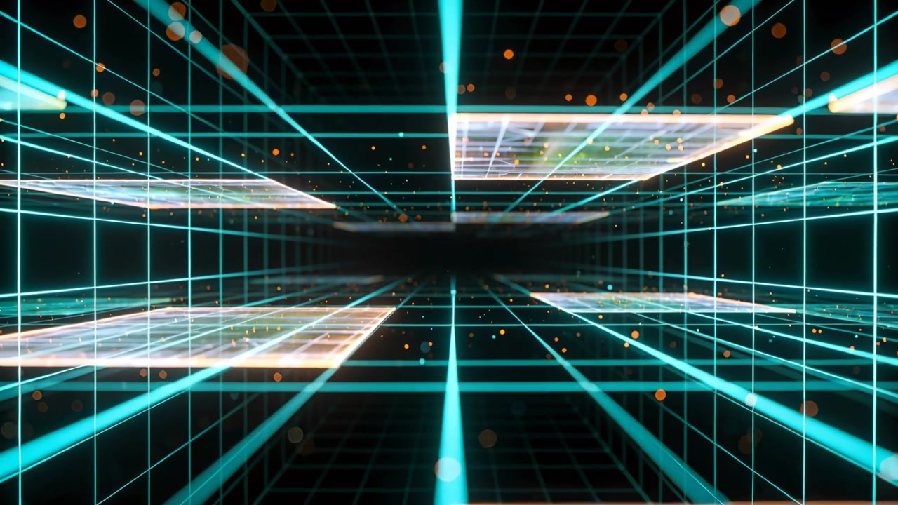 Gliding cyan grid in virtual data tunnel moving as camera shifts, showing panels and orange dots