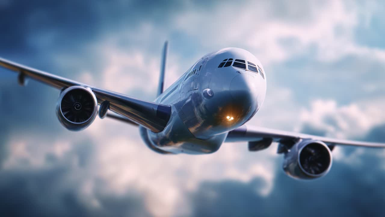 Un elegante jet commerciale che vola in un cielo suggestivo, mettendo in mostra l'aerodinamica avanzata e il design moderno con motori rombanti durante un viaggio avventuroso
