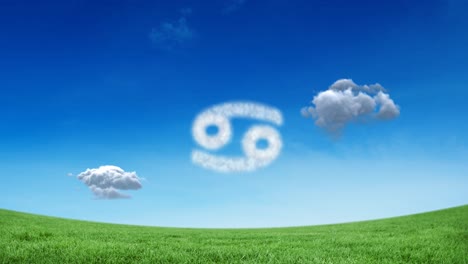 animation of cancer star zodiac sign formed with white clouds on blue sky over meadow