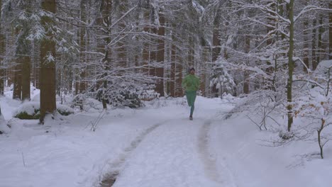 hombre adulto atlético corriendo desde la distancia con traje verde en un bosque cubierto de nieve en un camino salvaje durante el frío día de invierno - hacia la cámara, cámara lenta