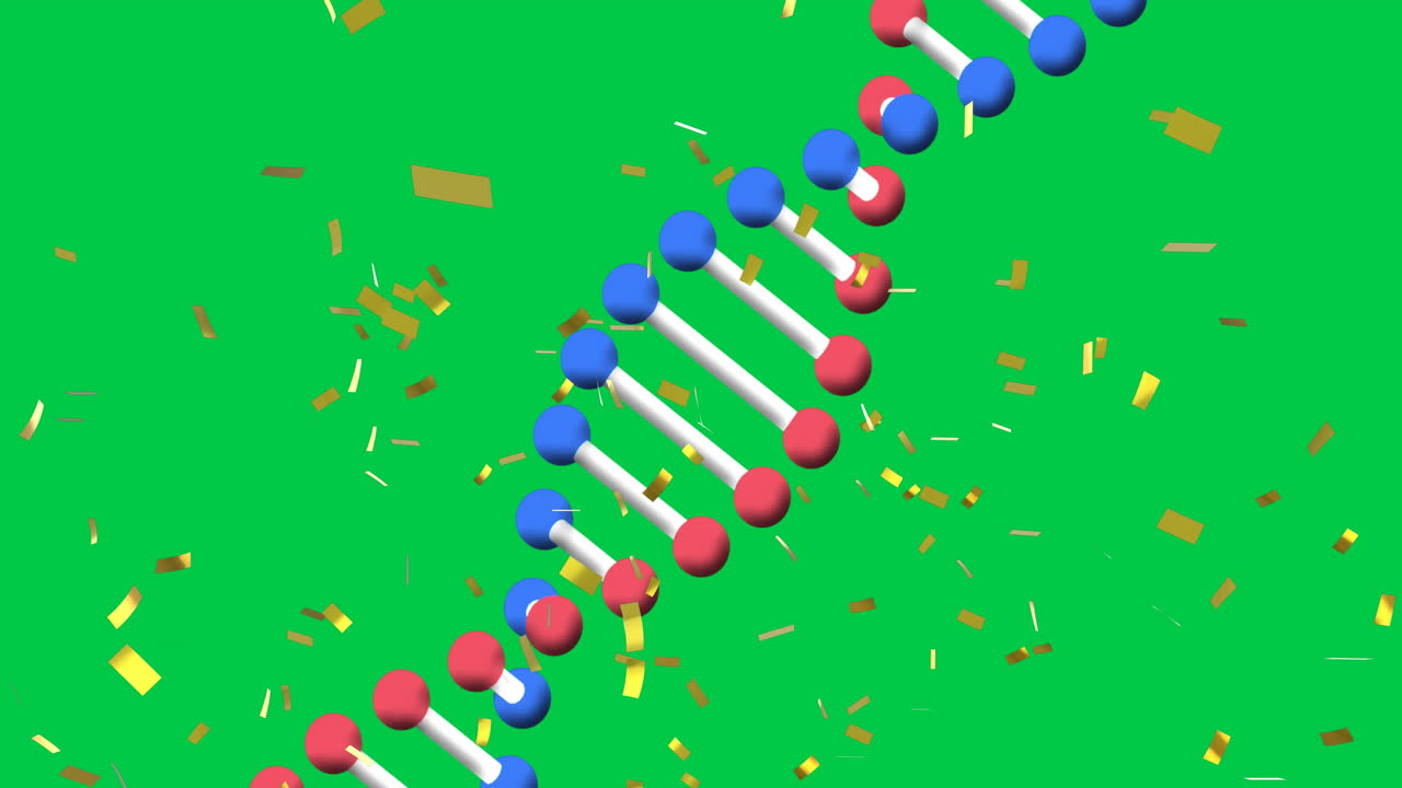 녹색 화면 배경에 있는 dna 줄기 아이콘의 애니메이션과 콘페티