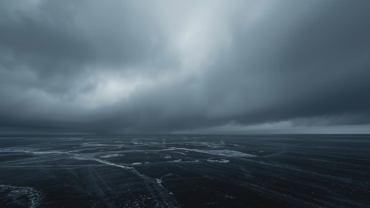 Brightening landscape sky creating narrow light shaft over tidal flat, revealing storm cloud bank