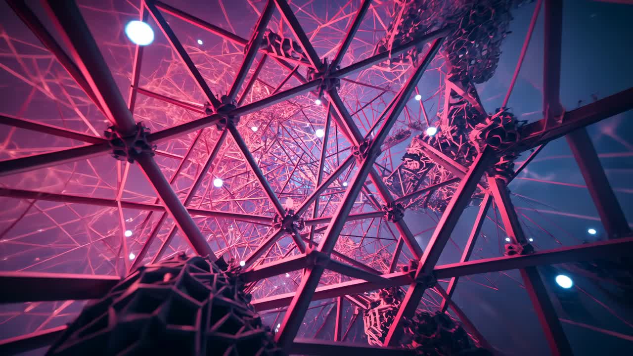 Starting camera drifting through triangular lattice, showcasing floating spheres and filaments