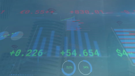 animación del procesamiento de datos estadísticos y bursátiles contra edificios altos
