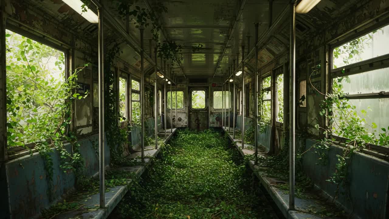 A Forgotten Subway Car Enveloped in Nature: Exploring an Abandoned Train Overgrown with Lush Green Foliage and Vibrant Vines in a Distant Urban Landscape