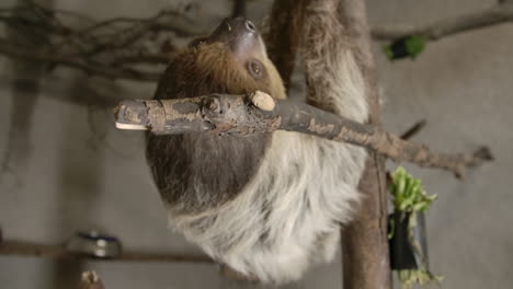 a two toed sloth hanging in a tree close to the camera slow motion cinematic