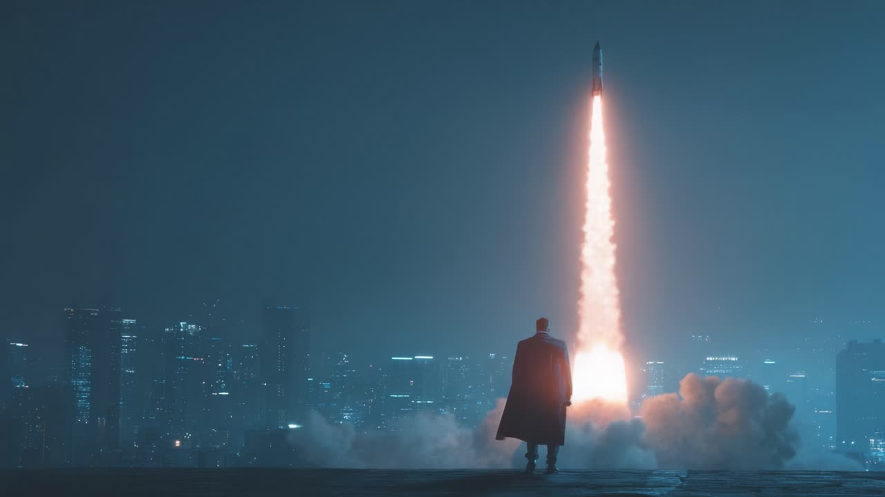 Mysterious superhero in a long coat standing on a rooftop at night, watching a spaceship launching into the sky with a futuristic, cyberpunk city skyline visible in the background
