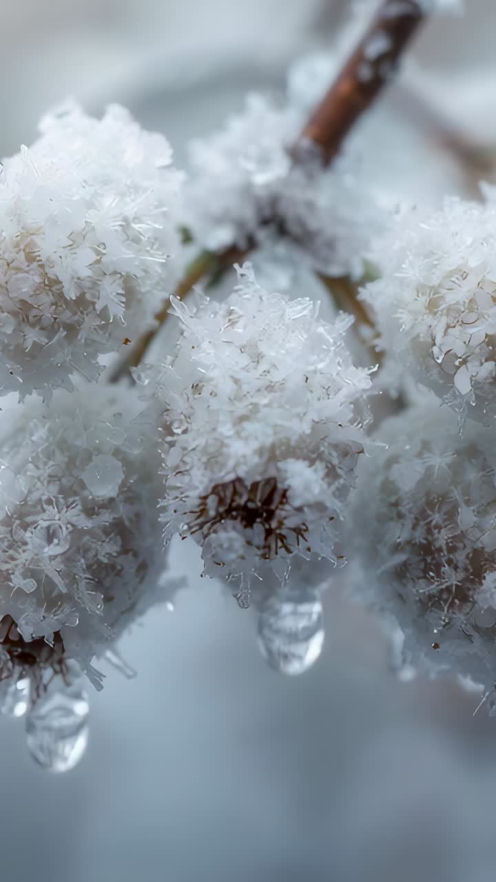 Vertical video: Melting icy heads on twig forming droplet then falling during thaw, ice sparkling