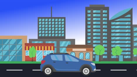 viajes en coche por la ciudad vista lateral, animación en bucle, fondo de diseño plano