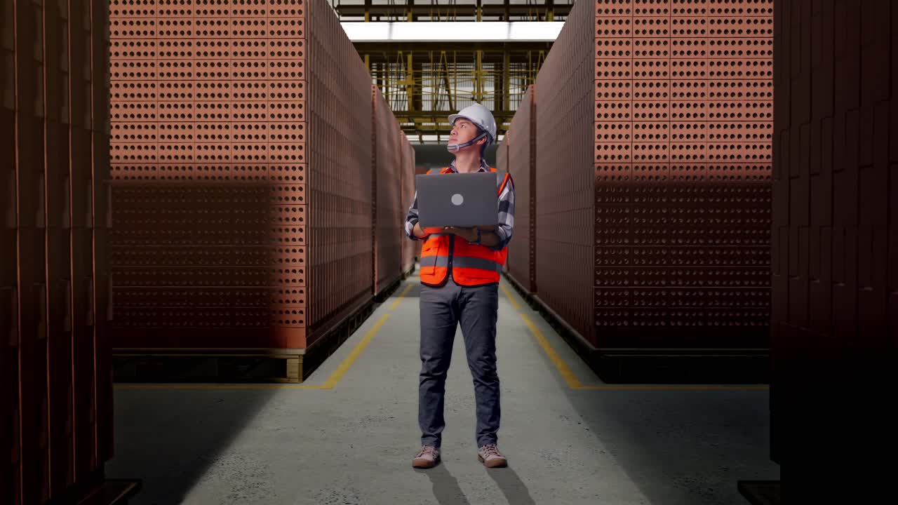 Full Body Of Asian Male Engineer With Safety Helmet Working On A Laptop And Looking Around While Standing With Red Brick Packed in Stacks Are Stored