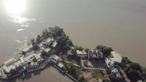 aerial view of sadh belo island temple on the indus river, pakistan