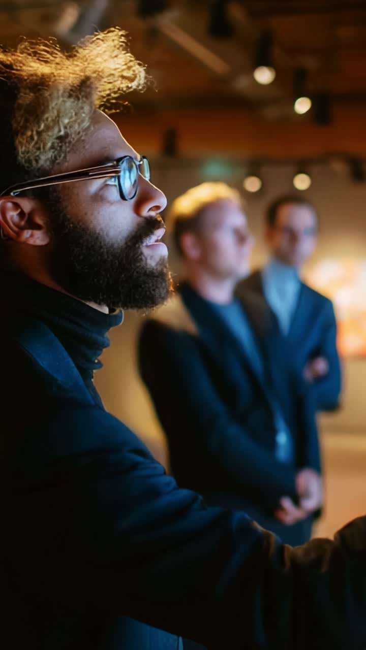 Un dibattito stimolante tra tre persone in una galleria d'arte, incentrato sull'esplorazione e la riflessione nella creatività e nell'espressione contemporanee