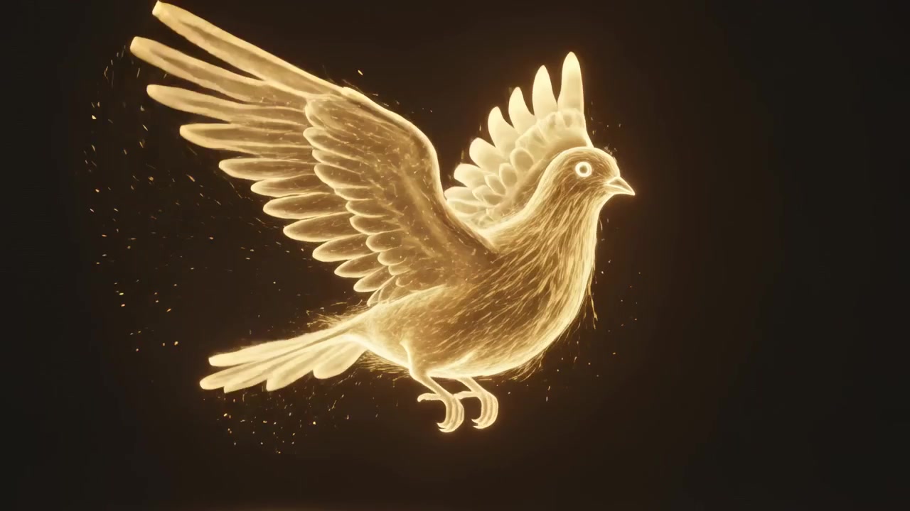 暗い床の上で、輝く金色の鳥がフィラメントの翼を羽ばたかせ、火花を散らしながら舞い上がる映像。