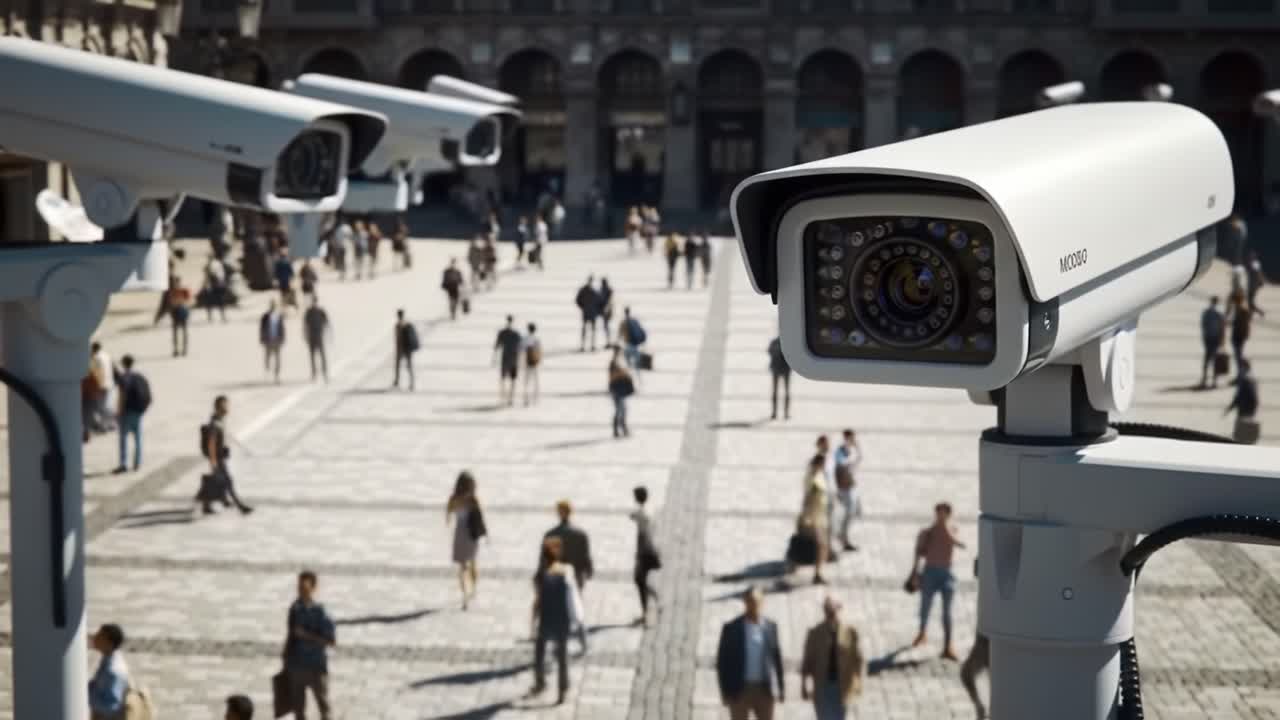 Telecamere di Sorveglianza che Sorvegliano una Piazza Pubblica Affollata Piena di Persone e Attività, Catturando la Vita Quotidiana in un Ambiente Urbano