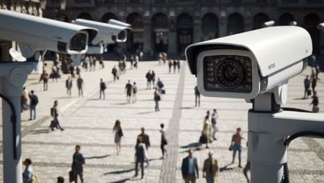 surveillance cameras overlooking a busy public square filled with people and activity, capturing daily life in an urban environment