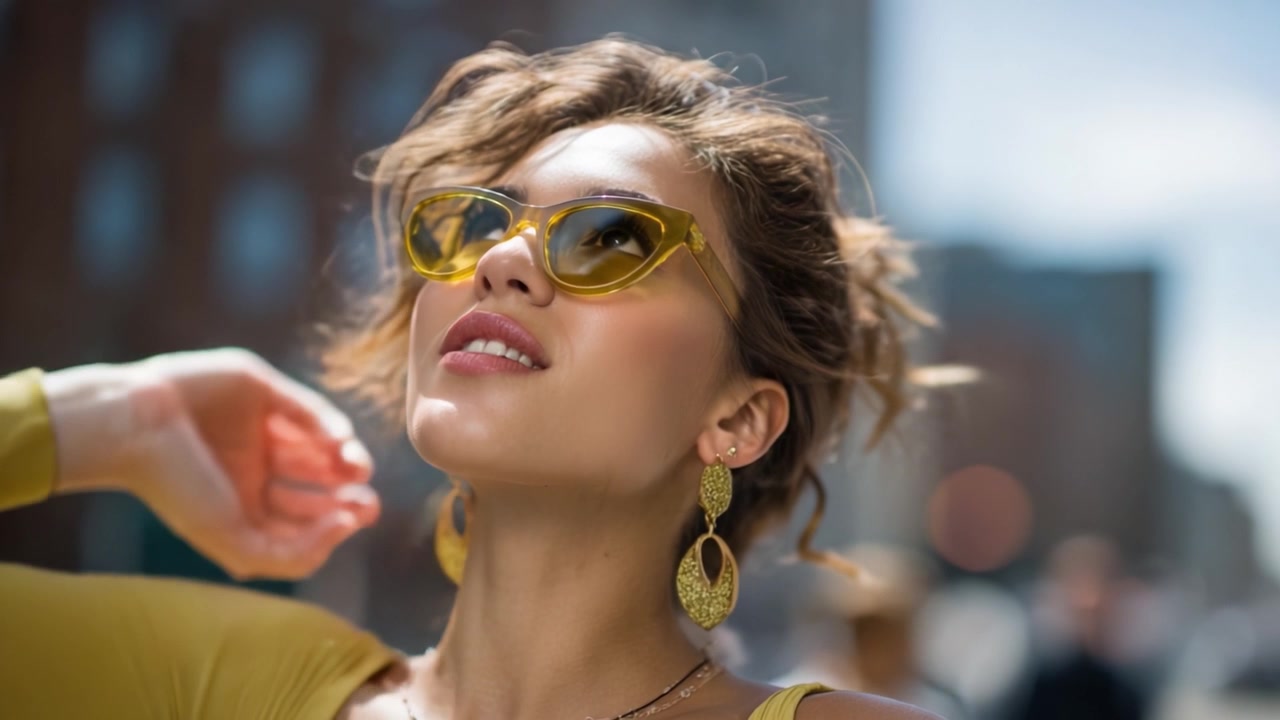 Người mẫu thời trang rạng rỡ toát lên sự tự tin trong bộ trang phục màu vàng rực rỡ và kính râm sành điệu, thể hiện sự thanh lịch và quyến rũ trên nền cảnh quan đô thị đẹp mắt