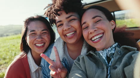 Happy,-road-trip-and-friends-smile-for-selfie