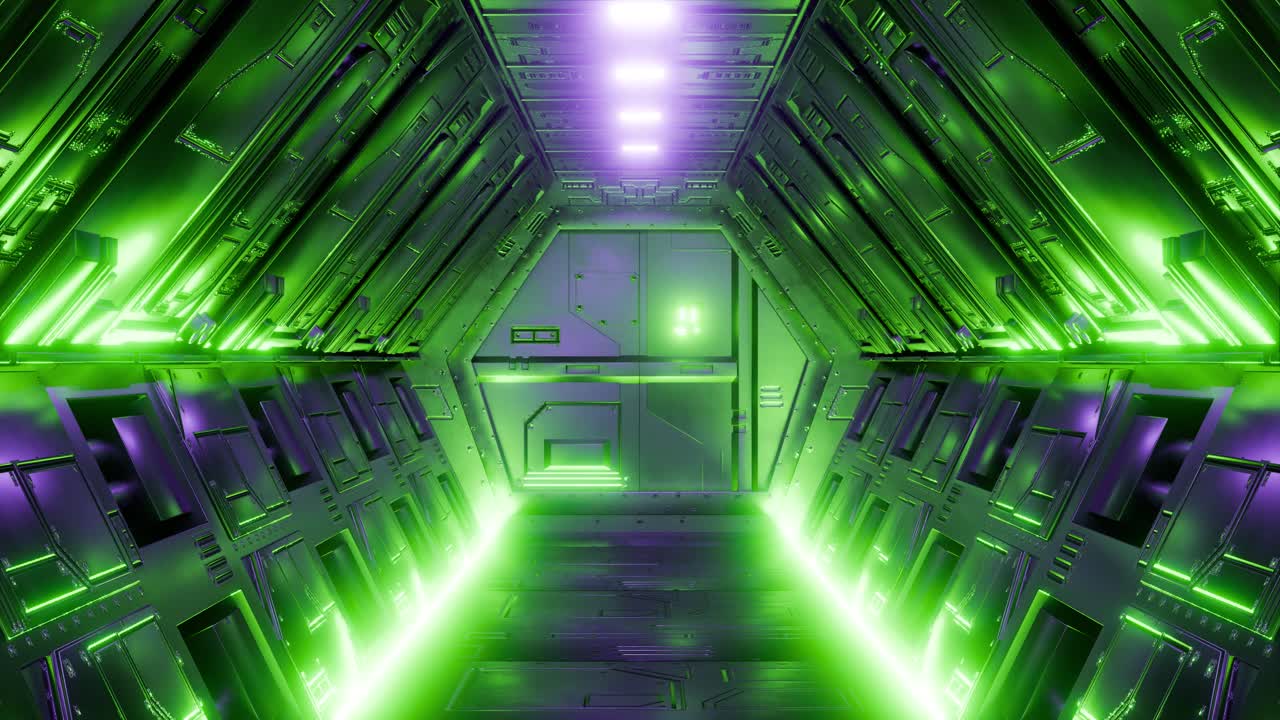 A futuristic spacecraft door with neon lights, animation loop