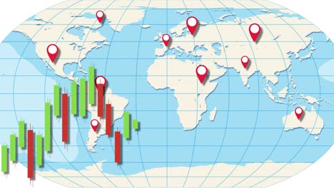animation of a world map with dynamic candlestick charts illustrating global economic fluctuations and market trends over 20 seconds