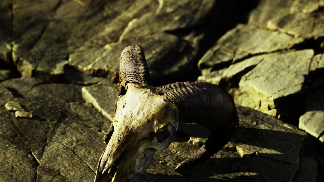 Skull of a mountain goat resting on rocky terrain during sunset
