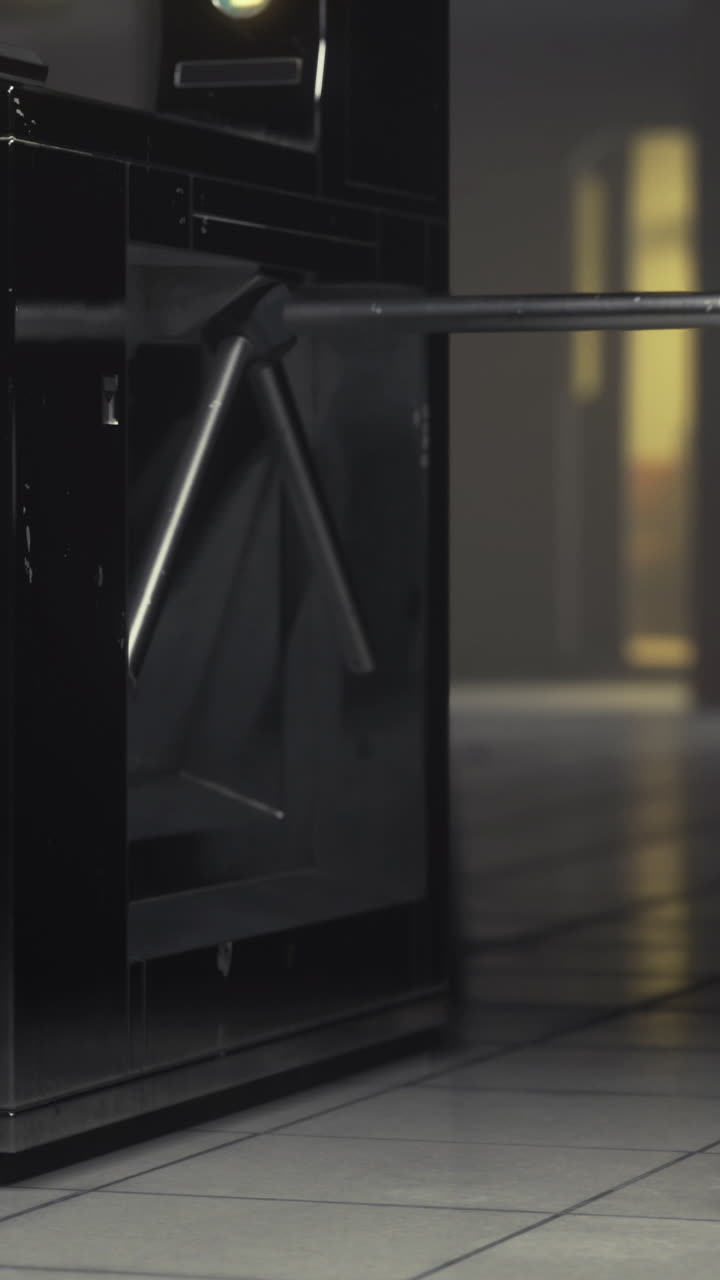 Modern black turnstiles create a sleek entryway in a futuristic setting