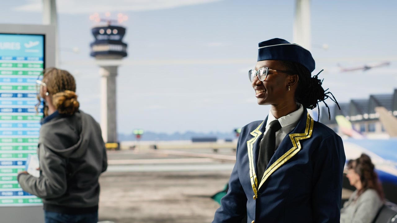 Hostess in uniforme di compagnia aerea in piedi vicino a una finestra del terminal con vista.