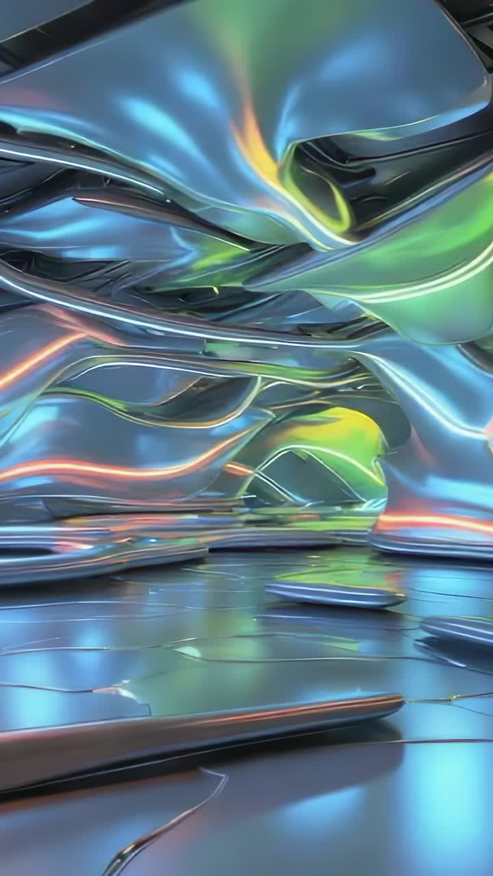 Vertical video: Gliding camera moving forward in metal hall revealing arches, hex floor and ribbons