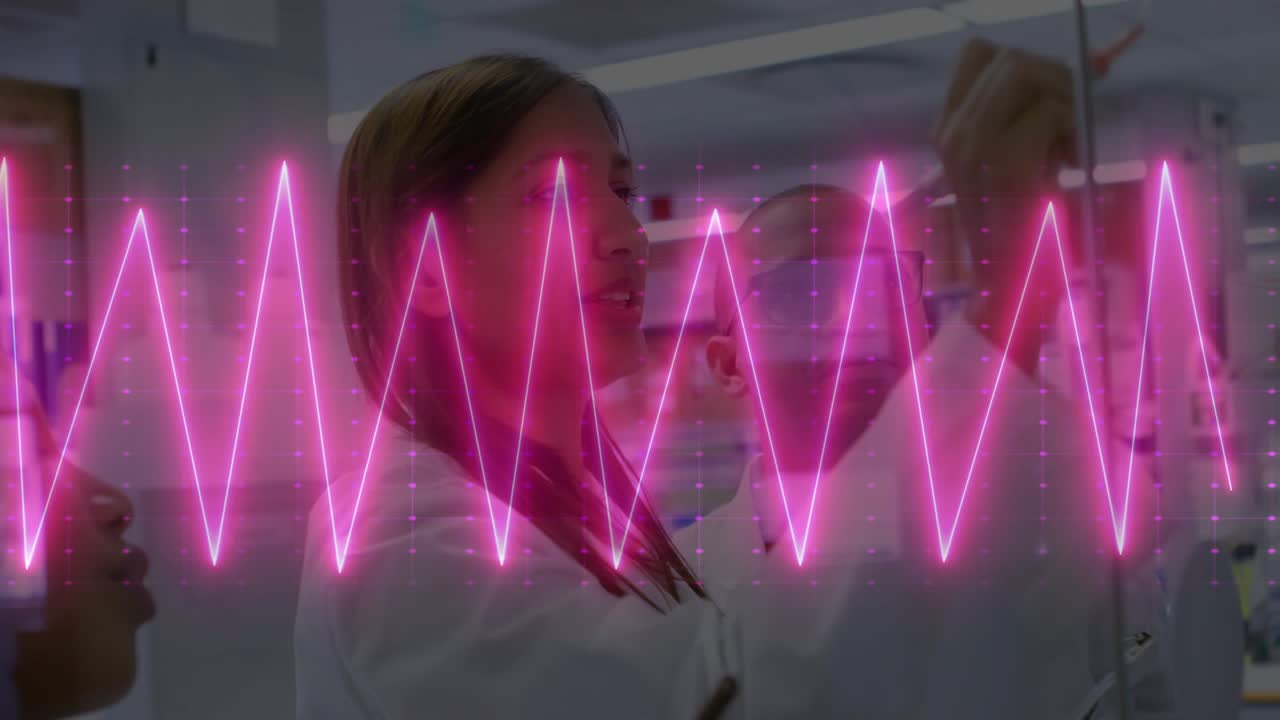 Research team gesturing at glass board initiating pink waveform collaborating on schematic design