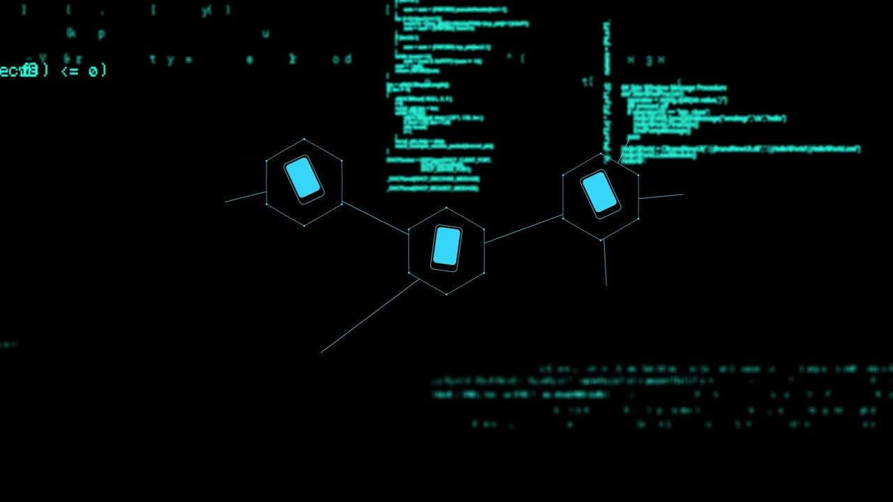 animation von icons über datenverarbeitung auf schwarzem hintergrund