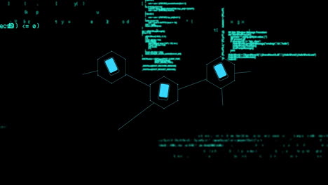 animation of icons over data processing on black background