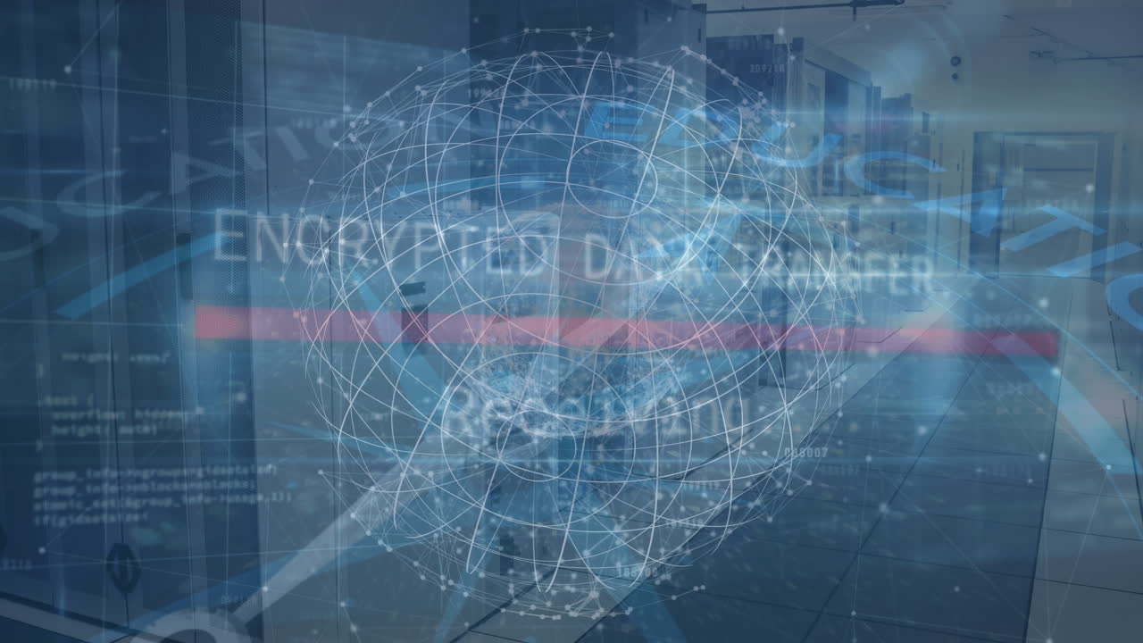연결, 글로브 및 암호화 된 데이터의 애니메이션 (오피스 복도)