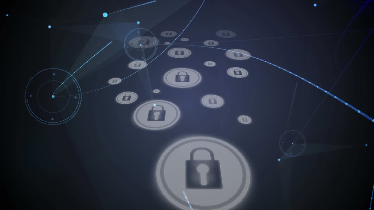 Digital animation of network of connections over multiple security padlock icons on blue background