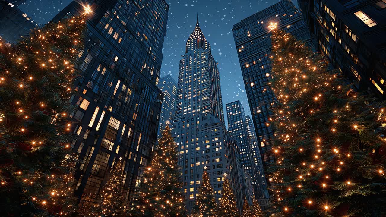A Magical Winter Scene in the Heart of the City with Twinkling Christmas Trees Under a Starry Sky and the Iconic Skyscraper Towering Above