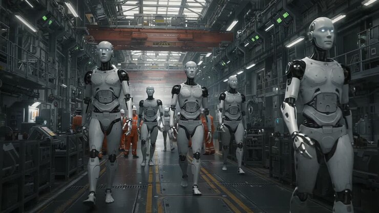 A group of advanced humanoid robots emerging from a futuristic manufacturing facility, showcasing a blend of technology and robotic design within a high-tech environment