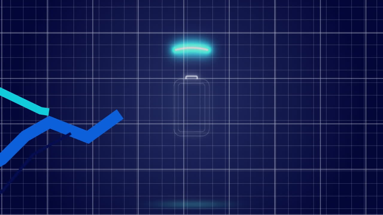 추상적인 배경에 로딩 서클에서 배터리 아이콘 위에 그리드 패턴으로 그래프의 애니메이션