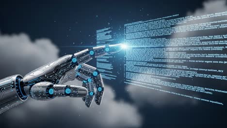 a futuristic robotic hand interacting with digital data streams, symbolizing the integration of technology and artificial intelligence in the modern world