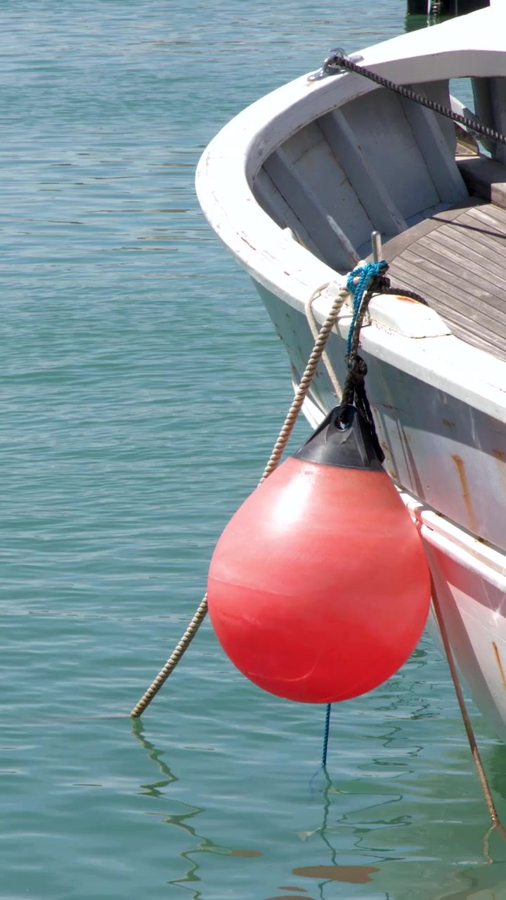 Boa rossa che galleggia accanto a una barca bianca in acque calme e blu