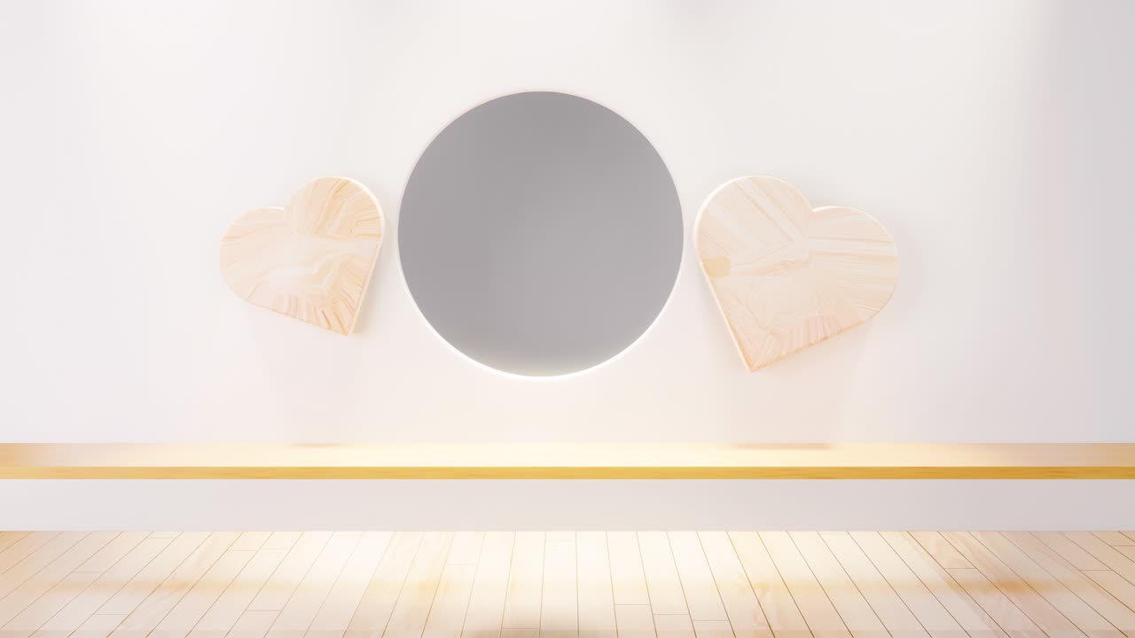 원과 심장 나무 아이디어와 함께 빈 방 장면. 일본 방 인테리어. 원 선반 벽 디자인 빈 거실 일본 스타일 방. 특별히 디자인 된 모형. 3d 렌더링