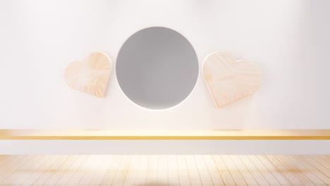 escena habitación vacía con círculo y ideas de madera corazón. interior de la habitación japonesa. diseño de pared estantería de círculo sala de estar vacía habitación de estilo japonés. mock up designe específicamente. renderización 3d
