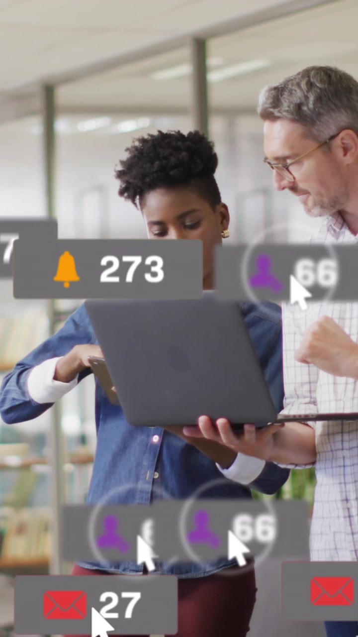 Animation of multiple notification bars over diverse coworkers discussing reports on laptop