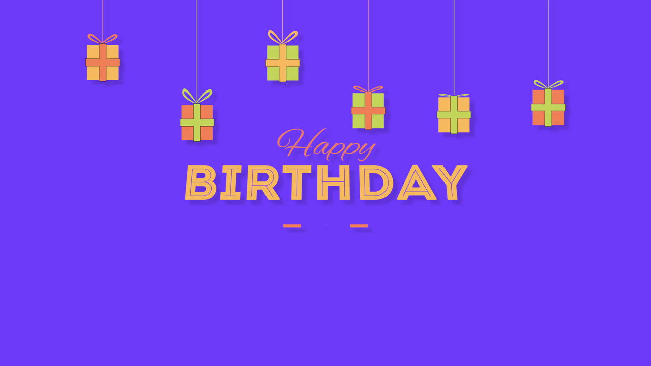 primer plano animado texto de feliz cumpleaños con regalos