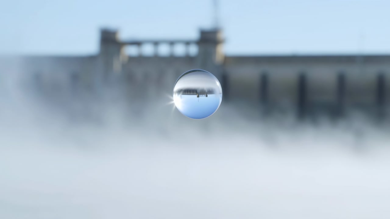 Close view of transparent glass sphere centered above reflective plane, holding inverted miniature dam reflection inside orb, with sharp highlights, soft blur, cool tones, calm engineering mood