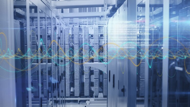 Animation of shapes and data processing over server room