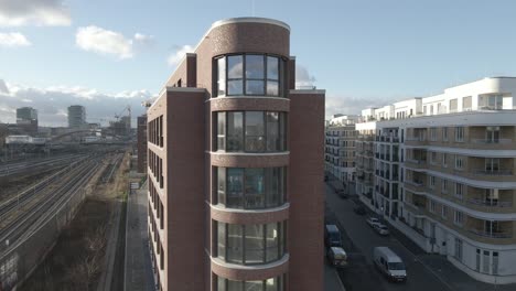 berlin office building with sun flares shot with drone