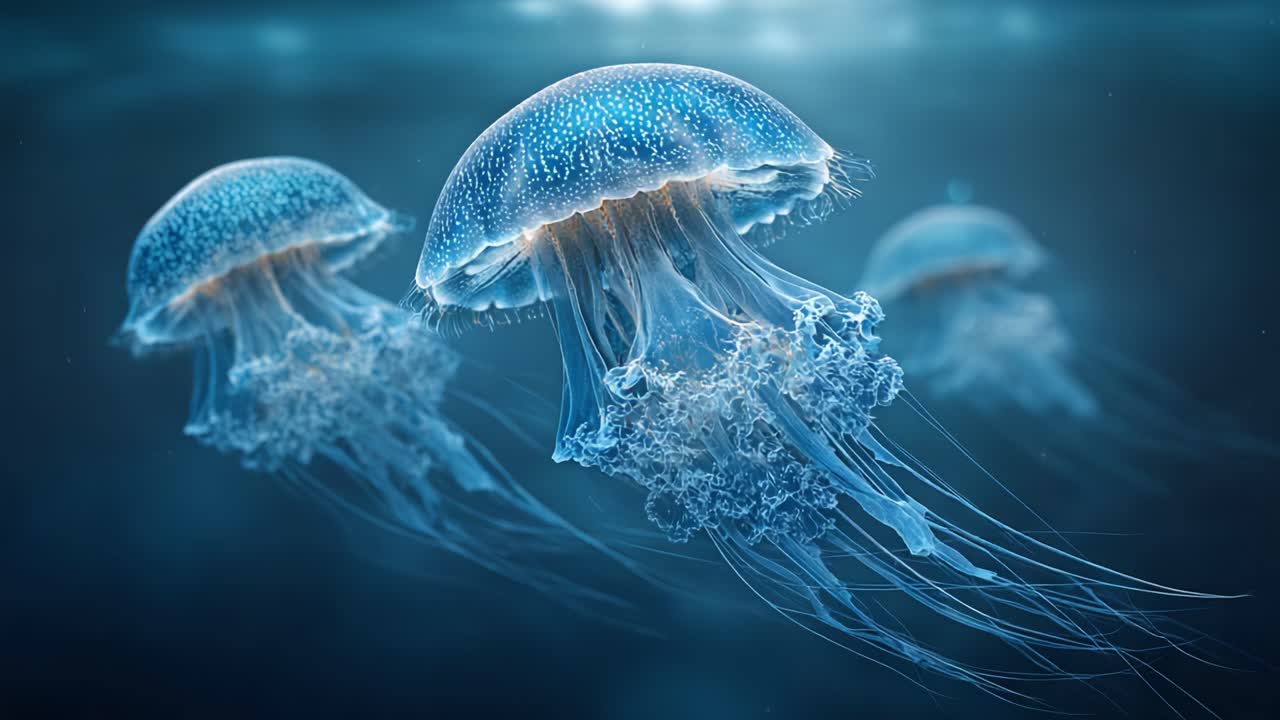A Serene Underwater Scene Featuring Graceful Jellyfish Swimming in Tranquil Waters, Showcasing their Ethereal Glow and Delicate Tentacles in a Mesmerizing Display