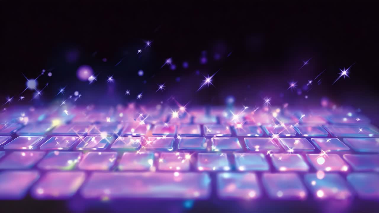 A mesmerizing illuminated keyboard with sparkling effects creates a dreamlike atmosphere, combining vibrant colors and dazzling lights to captivate the viewer's imagination and enhance digital creativity