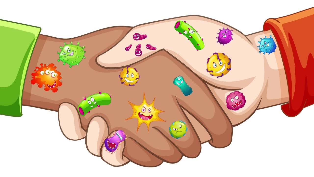 Two hands shaking, collecting colorful stickers