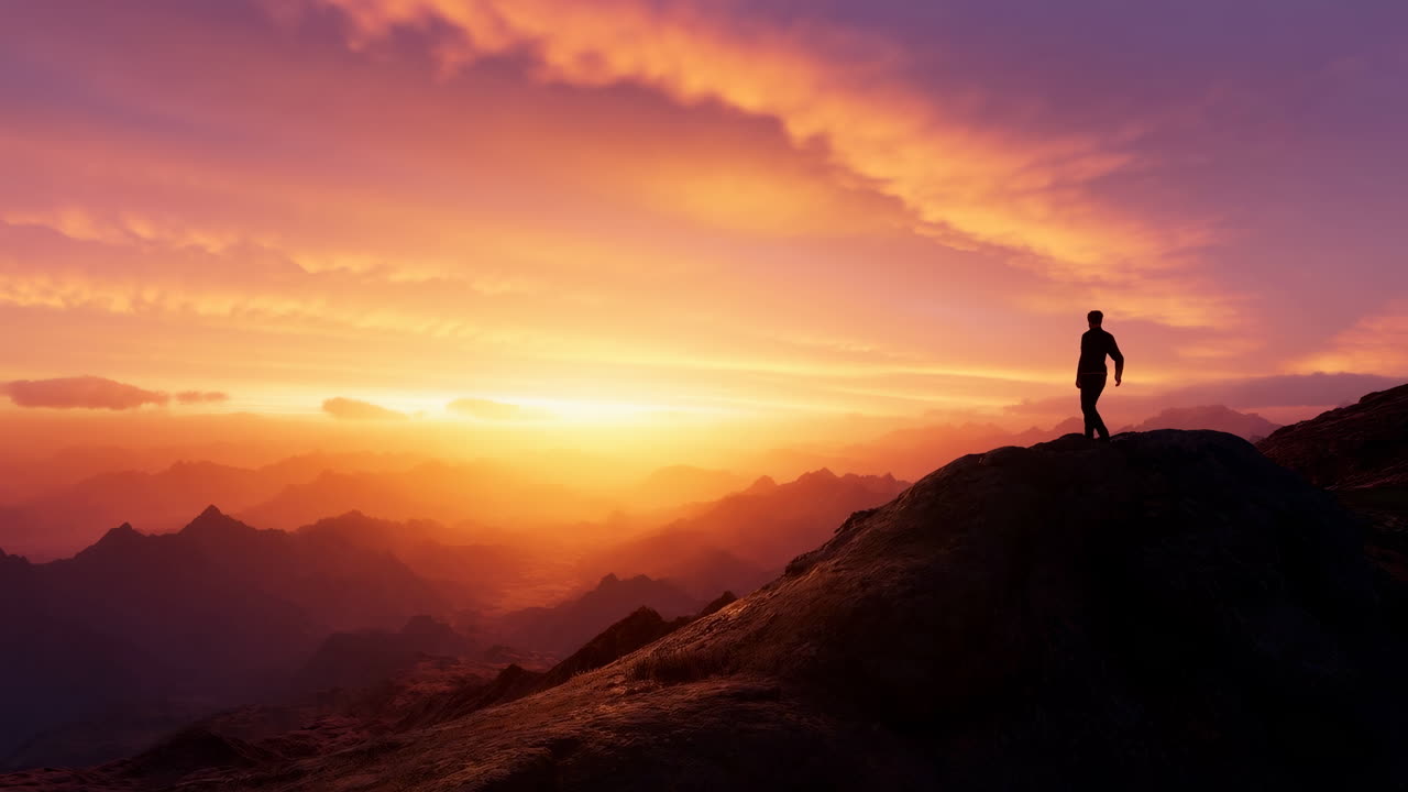 Silhouette di una persona in cima a una montagna al tramonto