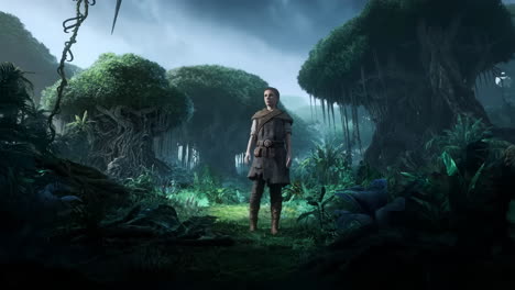 a lone explorer in a mystical ancient jungle